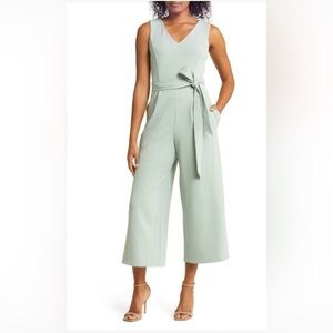 Calvin Klein sage green V-neck sleeveless belted wide-leg jumpsuit size 8